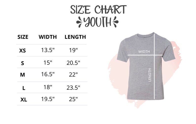 Puede incluir: Tabla de tallas para una camiseta para ni&ntilde;os con medidas en pulgadas para el ancho y la longitud. La tabla muestra las tallas XS, S, M, L y XL.