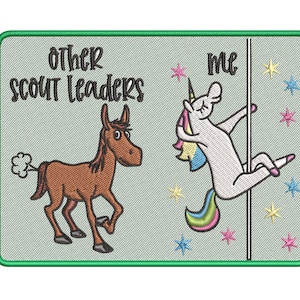 May include: An embroidered patch with a green border and a light green background. The text "other scout leaders" is on the left side of the patch, with a cartoon brown donkey. The text "me" is on the right side of the patch, with a cartoon unicorn on a pole.