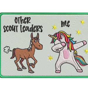 May include: Embroidered patch with a cartoon unicorn dabbing and the text "me" above it. A cartoon donkey with a cloud of smoke coming out of its rear end is on the left side of the patch with the text "other scout leaders" above it.