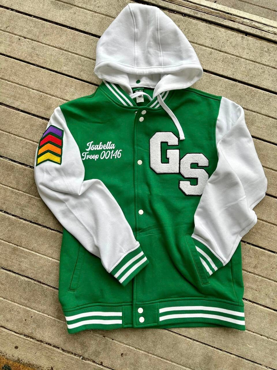 Hooded Varsity Jacket Mens in Forest Green