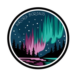 May include: A round sticker with a black border and a dark blue background. The sticker features a stylized illustration of the aurora borealis in shades of pink, green, and blue. The text "AURORA BOREALIS" is written in white cursive letters at the top of the sticker.