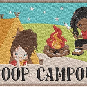 May include: Embroidered patch featuring a camping scene with two cartoon figures, a tent, campfire, and the text "TROOP CAMPOUT". The patch has a light blue sky with stars and a crescent moon.