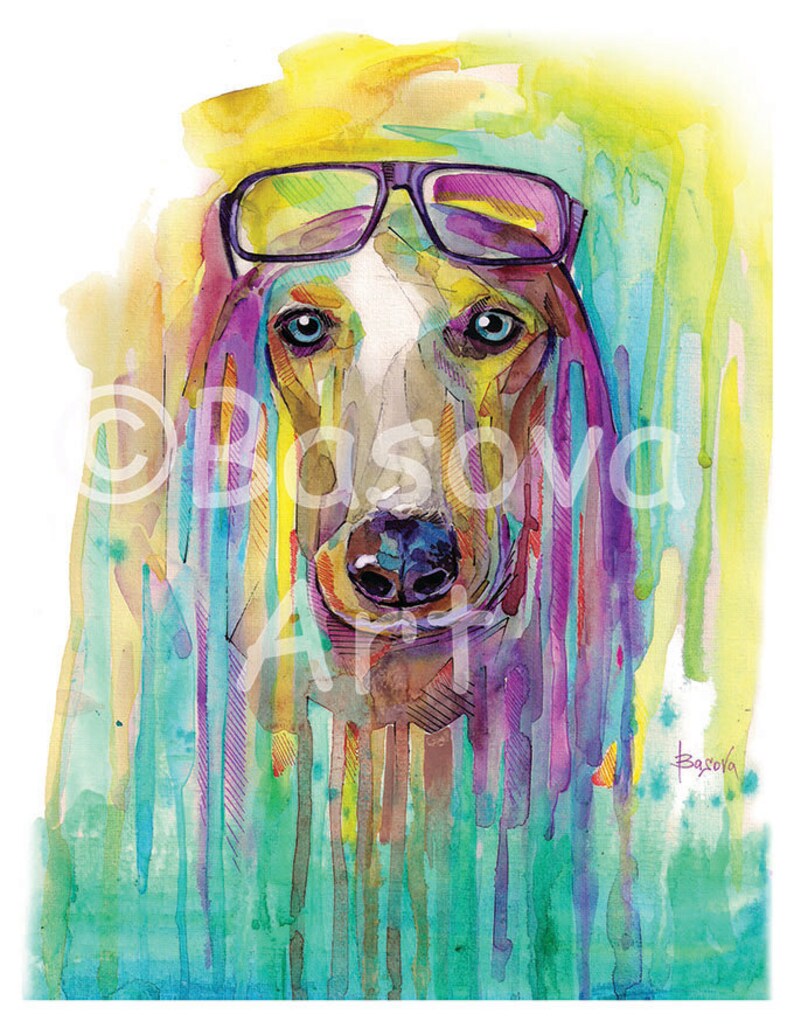 Dog With Glasses Watercolor Painting Dog Colorful Watercolor Etsy