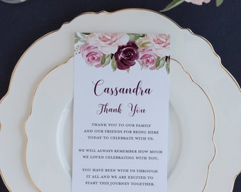 Thank You Place Setting Cards, Reception Thank You Card, Thank You Note, Blush Floral Seating Card, Personalized | 4x9