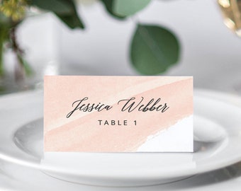 Blush Wedding Place Cards Template, Escort Cards Printable, Pink Watercolor, Modern Calligraphy, 100% Text editable in Templett