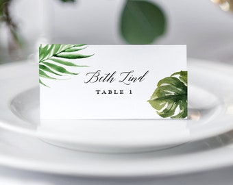 Tropical Wedding Place Cards, Wedding Name Cards, Place Card Template, Escort Cards, Palm Leaf, 100% Editable in Templett