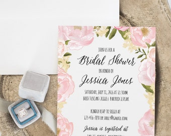 PRINTABLE Bridal Shower Invitation, Bridal Shower Template, Rustic Bridal Shower Invitation, Pink Peony, Pink Bridal Shower Invites