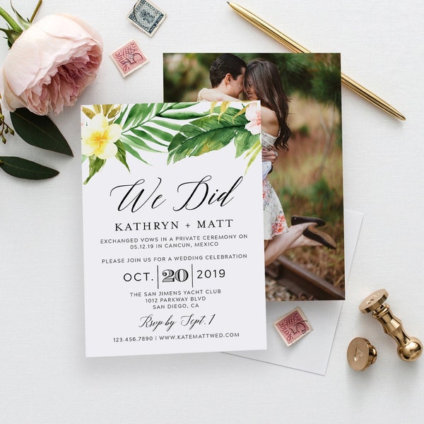 Elopement Invitation Template, Reception Invitation, Wedding Elopement Card, Tropical, Palm Leaf, 100% Text Editable