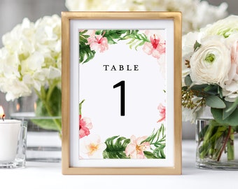 Tropical Wedding Table Number Cards, Printable Table Numbers, Tropical Wedding Table Decor, Editable in Templett | 4x6 and 5x7