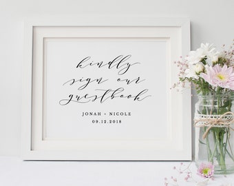 Printable Guestbook Sign Wedding, Guestbook Template, DIY Wedding Guestbook Sign, Editable in Templett, Calligraphy Script, 8x10