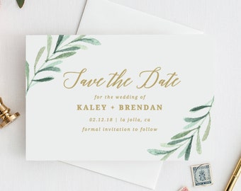 greenery save the date postcard template, printable save the date cards, rustic save the date, save our date, edit in templett