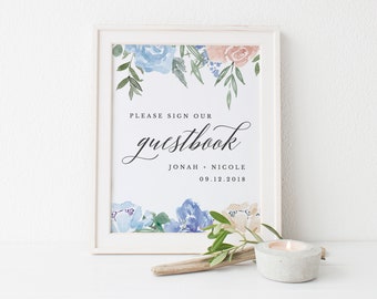 Wedding Guestbook Sign Printable, Guestbook Table, Floral Wedding Decor, guestbook alternative, 8x10 guestbook sign editable in templett