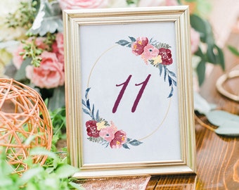 Wedding Table Numbers, Rustic Table Numbers, Table Number Cards, Navy and Marsala Table Numbers, Table Numbers Printable, Table Decor