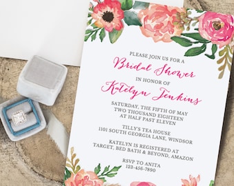 Floral Bridal Shower Invitation Printable, Bridal Shower Template, Instant Download, Pink Bridal Shower, Editable in Templett