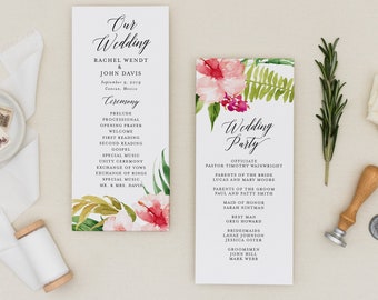 Tropical Wedding Program Template, Printable Ceremony Program, Destination Wedding Programs, Tropical Flowers, 100% Editable in Templett