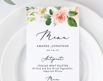 Boho Menu Template, Blush Floral Wedding Menu Card, Printable DIY Dinner Menu, INSTANT DOWNLOAD