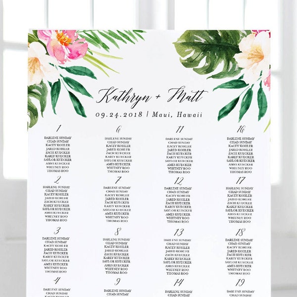 Tropical Wedding Seating Chart, Wedding Seating Chart Sign, Seating Plan Template, Editable in Templett | 18x24 and 24x36