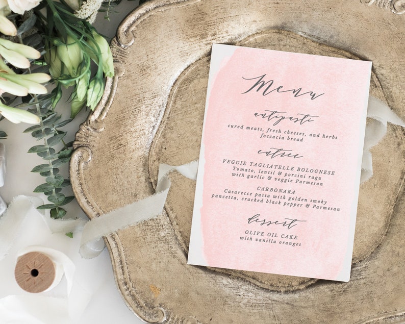 Blush Printable Wedding Menu Template, Rustic Wedding Menu, Script Wedding Menu, Watercolor Printable Menu, Editable Colors in Templett image 1