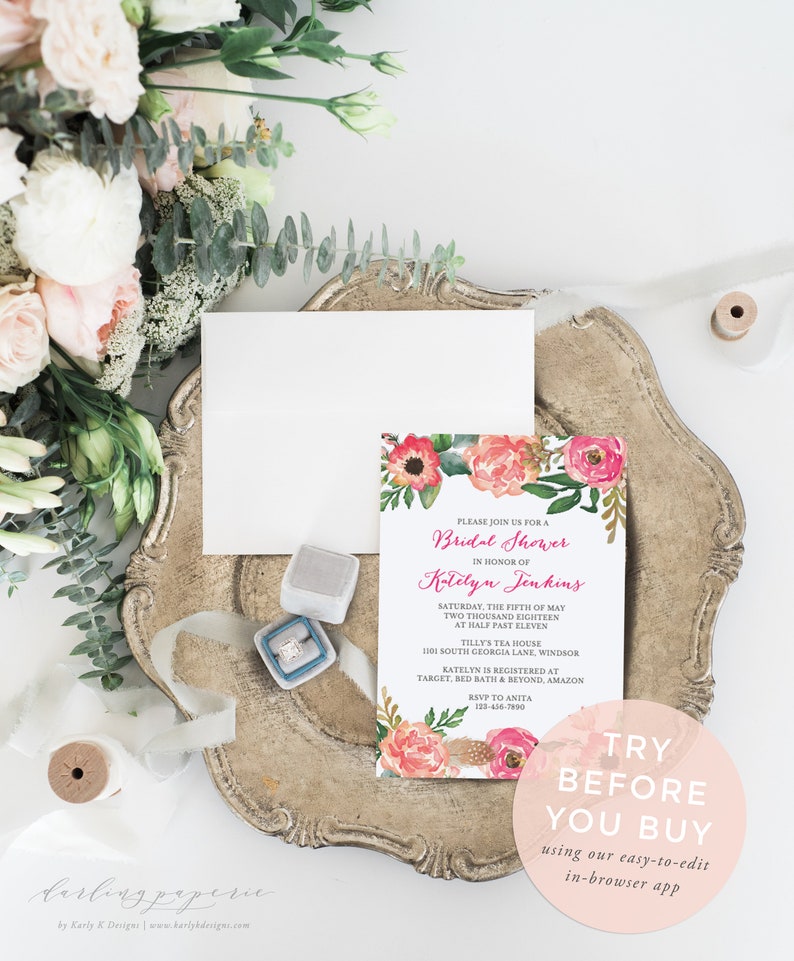 Floral Bridal Shower Invitation Printable, Bridal Shower Template, Instant Download, Pink Bridal Shower, Editable in Templett image 7