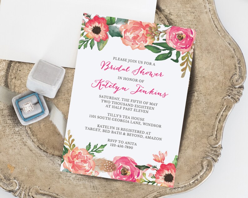 Floral Bridal Shower Invitation Printable, Bridal Shower Template, Instant Download, Pink Bridal Shower, Editable in Templett image 1