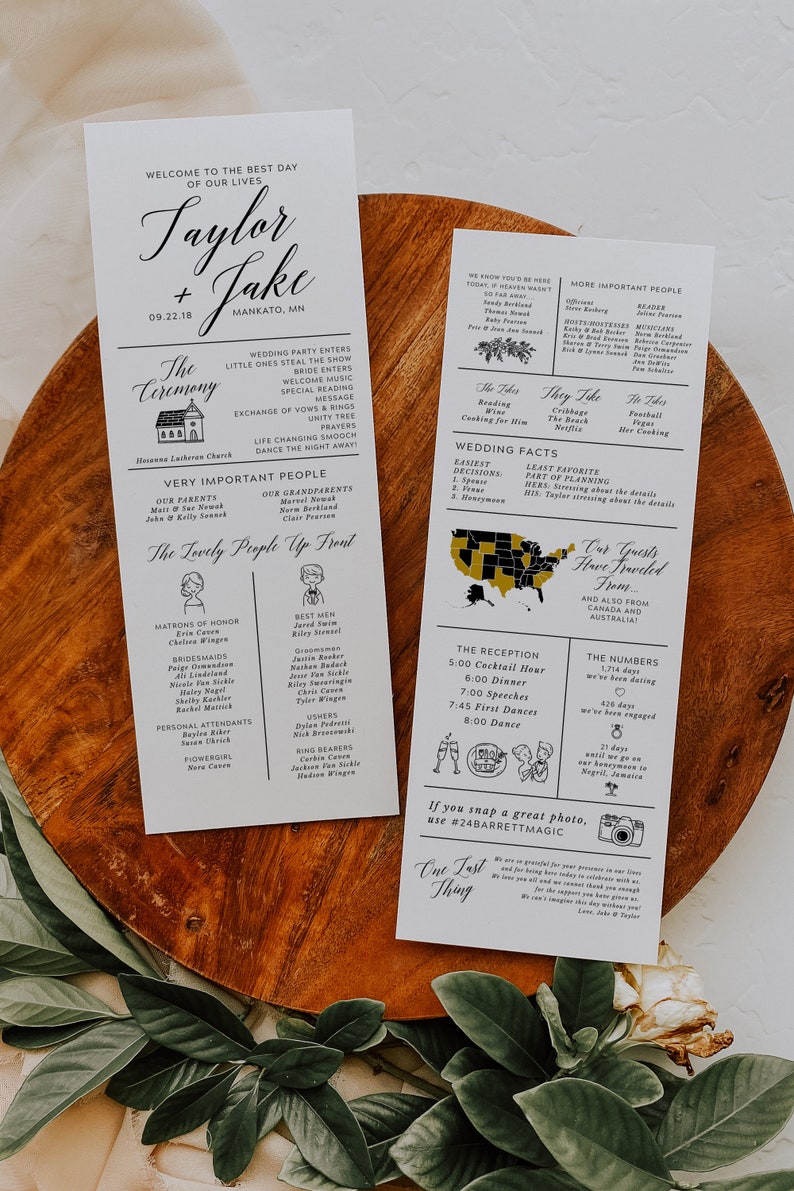 infographic wedding program template, fun wedding programs, non traditional wedding program, 100% editable in templett