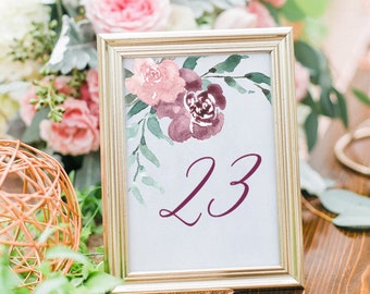 Printable Table Numbers, Rustic Table Numbers, Table Number Cards, Purple and Blush Table Numbers, Table Numbers Printable, Rustic