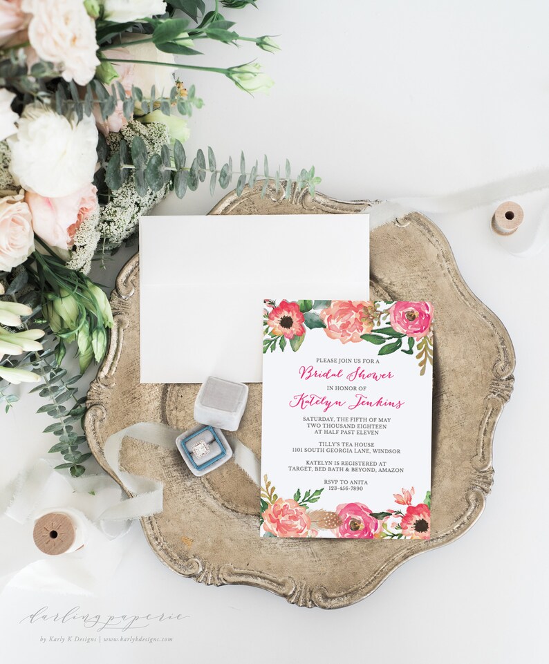 Floral Bridal Shower Invitation Printable, Bridal Shower Template, Instant Download, Pink Bridal Shower, Editable in Templett image 8