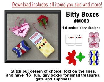 Bitty Boxes - - #M003 ......... "In The Hoop" Tiny Boxes for gifts, treasures & surprises  ....................DIGITAL DOWNLOAD ONLY