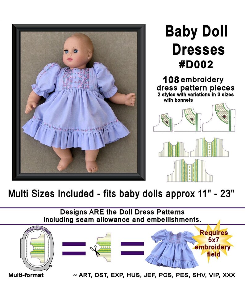 Baby Doll Dressesfits 1123' Dolls.....d002..in the Hoop Embroidery