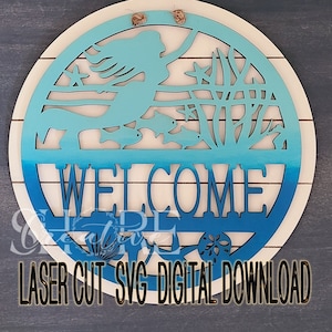 Mermaid Welcome Round, Shiplap, Door Hanger, SVG, Digital Download, Glowforge tested