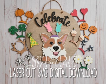Corgi Celebration Interchangeable Door Hanger, Wall Hanging, SVG, Digital Download