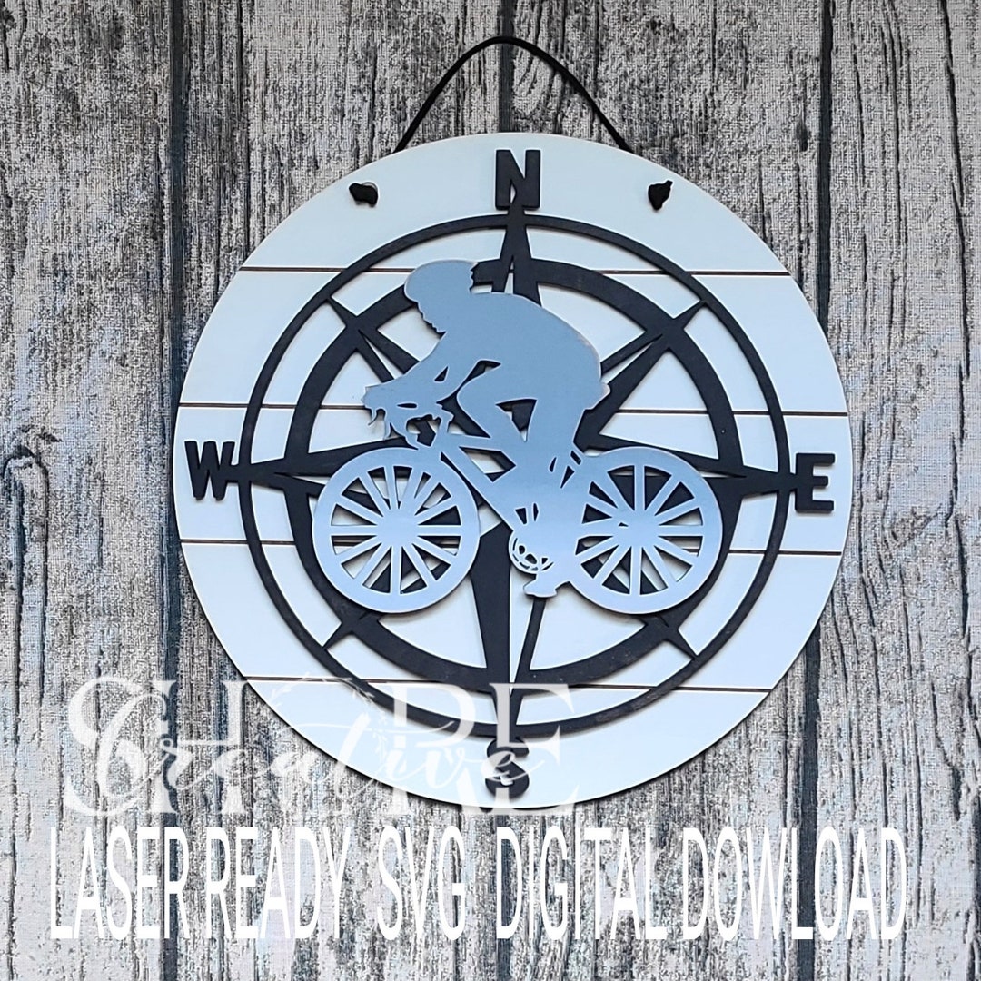 Cyclist Compass Round, Wall Hanging, Door Hanger With Shiplap Backer 