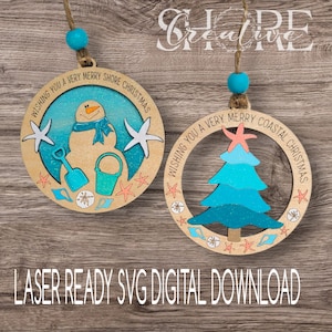 Coastal Christmas, Shore Christmas, Tree, Snowman Ornaments, SVG, Digital Download, Glowforge Tested