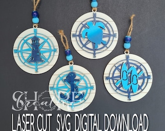 Nautical Compass Ornament Set, Turtle, Kayak, Lighthouse, Anchor, SVG Laser Cut File (Digital Download)