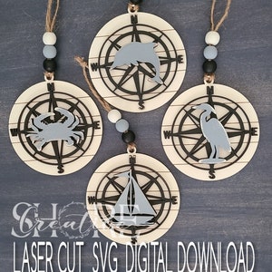 Compass Ornaments, Heron, Sailboat, Dolphin, Crab. SVG Laser cut file, Digital Download, Glowforge tested