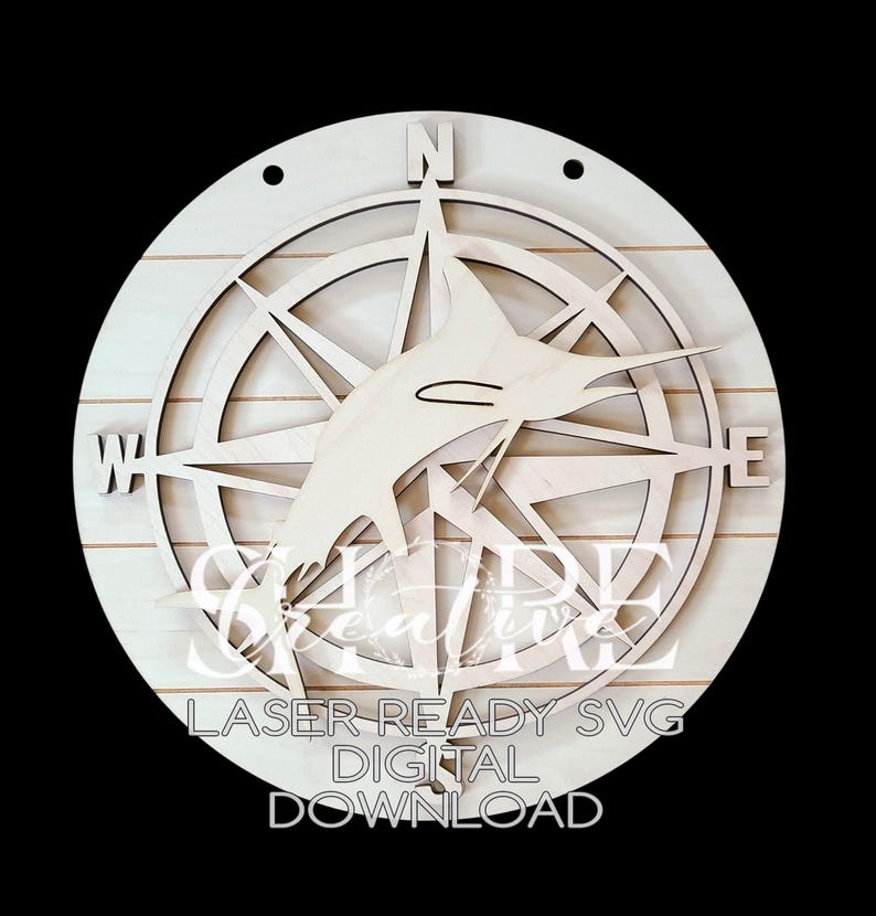 Marlin Compass Marlin, White Marlin Compass Round With Shiplap Backer, SVG, Laser Cut ...