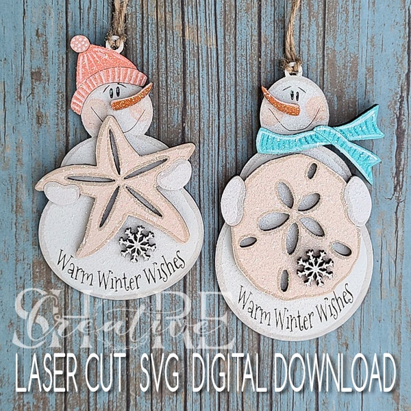 Seaside Snowmen, Seashell Snowmen Christmas Ornaments, SVG, Digital Download, Glowforge Tested