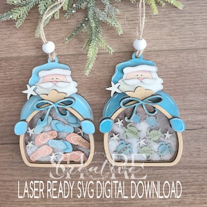 Coastal Santa Shaker Ornament Set, Personalize Sea Turtles and Flip Flops, SVG, Laser ready Digital Download,