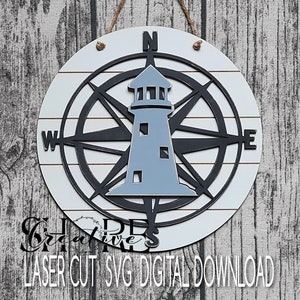 Lighthouse Compass Round Door Hanger with Shiplap backer, SVG, Laser cut file,Digital Download, Glowforge Tested