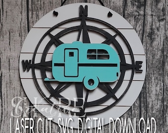 Camper Compass Round, Camping, Door Hanger, Wall Hanging, Digital Download, SVG Laser ready File, Sized For Glowforge