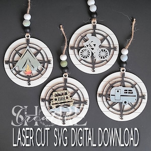Kompass Adventure Ornament Set, Auto, Zelt, Radfahrer, Camper, Shiplap Backer, SVG, Laser cut Datei, digitaler Download