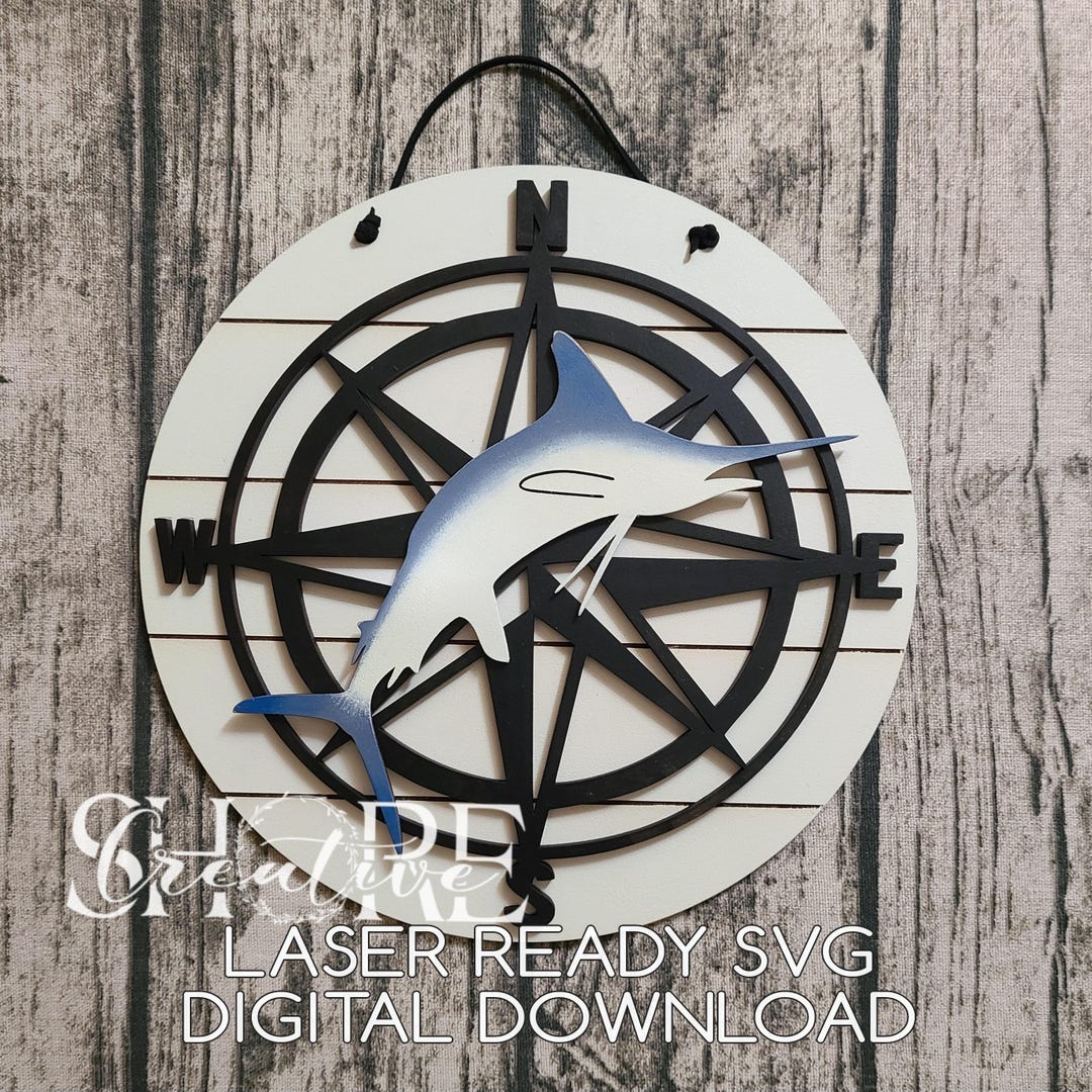 Marlin Compass Marlin, White Marlin Compass Round With Shiplap Backer, SVG, Laser Cut ...