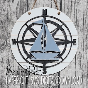 Segelboot Kompass runder Türhänger mit Shiplap backer, SVG, lasergeschnittene Datei, digitaler Download, von Glowforge getestet