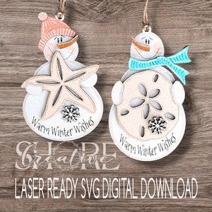 Seaside Snowmen, Seashell Snowmen Christmas Ornaments, SVG, Digital Download, Glowforge Tested