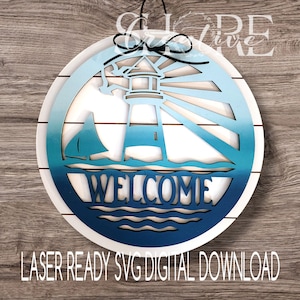 Lighthouse Round Door Hanger with Shiplap backer, SVG, Laser cut file, Digital Download, Can Be Personalized