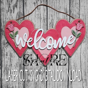 Valentine Hearts Welcome Door Hanger, Hearts and Roses Hanging Welcome Sign, SVG, Laser Cut File, Digital Download, Glowforge Tested