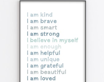 Positive Affirmation,Kid Affirmation Print,Affirmations for Kids,Blue Color, Playroom Print,Kids Affirmation Wall Art,Motivational Print