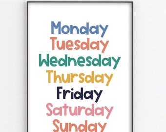 Days of the Week Poster, Educational Wall Art,Kids Room Decor, Nursery Wall Decor,Instant Download,Classroom decor,Colorful Poster