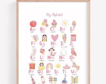 Kinderzimmer Alphabet Print,Alphabet Print für Mädchen,Rosa Alphabet,Mädchen Dekor,Geschenk für Mädchen,Kinderzimmer Dekor,Mädchen Alphabet druckbar,Rosa Kinderzimmer