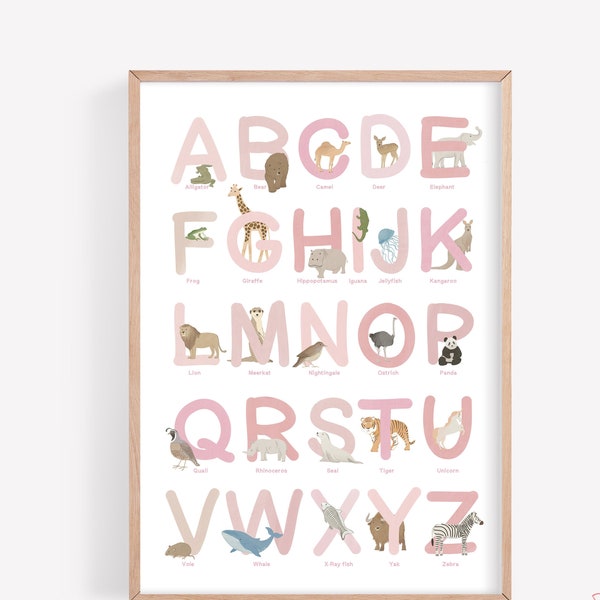 Animal Alphabet Print,Printable ABC Poster,Alphabet Wall Art, ABC Wall Art,ABC Nursery Art Sign,Alphabet Poster, Nursery Wall Art,Pink Color